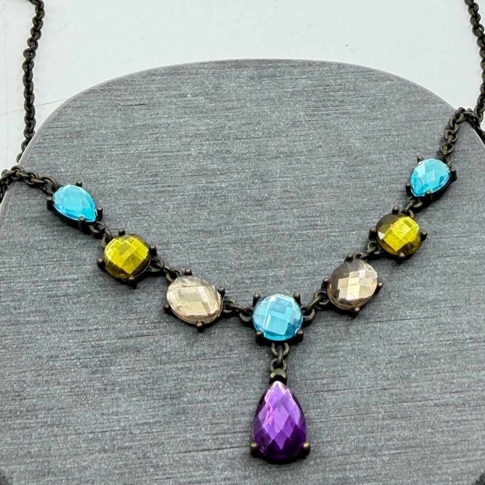 Multicolor Faceted Rhinestone Necklace Antique Bronze Tone Y Drop Statement